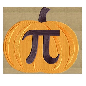 May include: An orange pumpkin with a black stem and a dark purple pi symbol in the center.