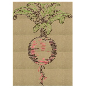 May include: Embroidered image of a beetroot with green leaves and a pink and brown root on a beige linen background.