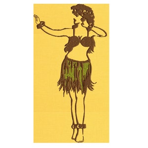 Peut inclure: Une silhouette brune d'une danseuse de hula portant une jupe de paille verte et un collier de fleurs brun. La danseuse est debout sur un fond jaune.