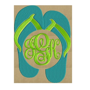 May include: A pair of turquoise flip flops with a green monogram in the center. The monogram is a circle with the letters "J.F." inside.