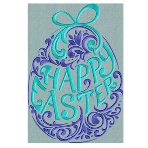 May include: A turquoise and purple embroidered design of an Easter egg with the text "Happy Easter" inside.