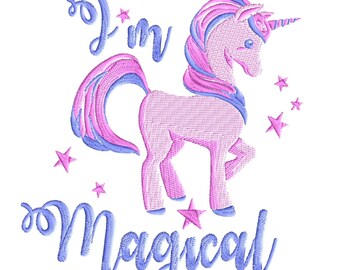 May include: Embroidered design featuring a pink unicorn with a blue mane and tail, surrounded by stars. The text "I'm Magical" is written in blue cursive.