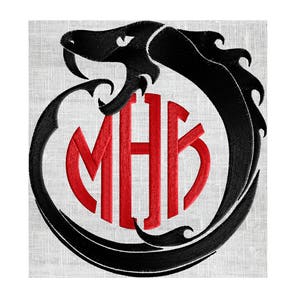 May include: Black embroidered design of a snake curled around a red circle with the monogram "MHK" inside.