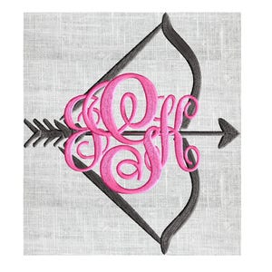 May include: Embroidered design featuring a pink monogram within a gray bow and arrow. The arrow pierces through the monogram, creating a decorative and personalized emblem. The background has a textured, light gray fabric appearance.