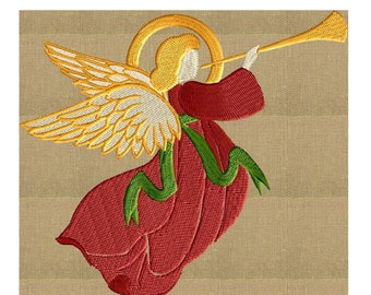 May include: Embroidered image of an angel playing a golden trumpet. The angel has golden wings and a halo, wearing a red robe with green accents. The background is a tan fabric with subtle vertical stripes, creating a festive, holiday theme.
