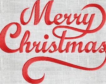May include: Red embroidered text on a white linen background that reads "Merry Christmas".