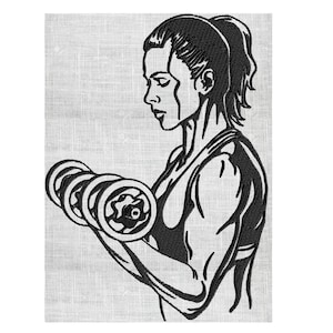 May include: Black and white line art illustration of a person lifting a dumbbell. The person is wearing a tank top and has their hair pulled back in a ponytail.