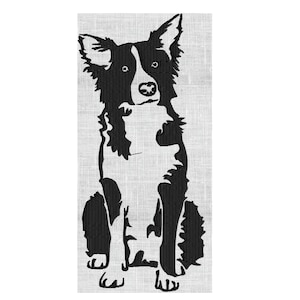 Könnte beinhalten: Schwarz-weiße Silhouette eines Border Collies, der mit hochgestellten Ohren sitzt.