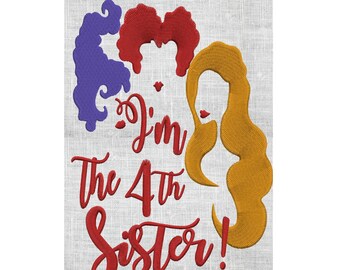 May include: Red, purple, and yellow silhouette of three women with the text "I'm the 4th Sister!" in red.
