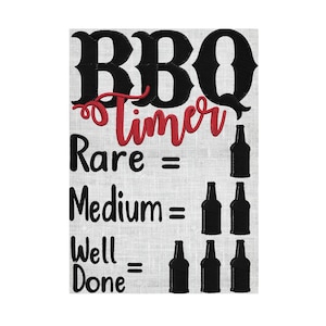 Op de afbeelding: Een zwart-witte afbeelding met de tekst "BBQ timer" in rood en zwart. De afbeelding toont een fles bier voor elk niveau van gaarheid voor vlees: rare, medium en well done.