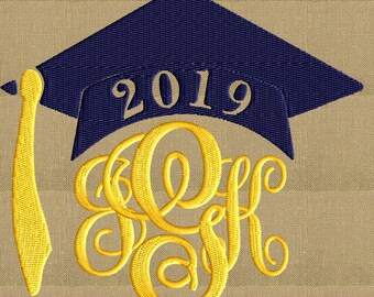 Graduation Cap Hat 2019 Frame Monogram Design -Font not included - EMBROIDERY DESIGN FILE - Instant download - Vp3 Dst Exp Jef Pes formats