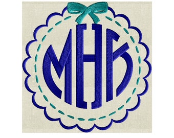 Scalloped w Bow Font Frame Monogram Embroidery Design Font not included - 2 sizes - Instant download Hus Dst Exp Vp3 Jef Pes