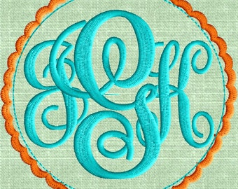 Scalloped Circle Font Frame Monogram Embroidery Design - Font not included - Instant download - 2 sizes - Hus Dst Exp Vp3 Jef Pes formats