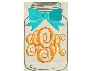 Mason Jar & Bow Frame Monogram -Font not included - EMBROIDERY DESIGN - Instant download 2 sizes Vp3 Hus Dst Exp Jef Pes file formats
