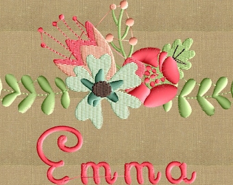 May include: Embroidered design featuring a floral arrangement with pink, red, and green flowers, and the name "Emma" in pink lettering.
