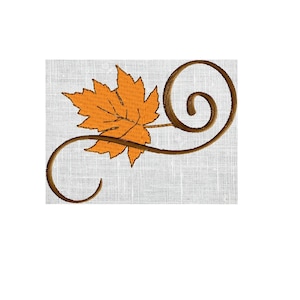 Puede incluir: Una hoja de arce naranja con un diseño de espiral marrón. La hoja está en el lado izquierdo de la imagen y la espiral está en el lado derecho.