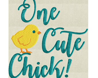 May include: Embroidered design featuring a yellow chick with a blue eye and the text "One Cute Chick!" in teal.