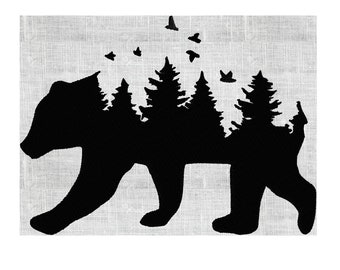 Bear Forrest Silhouette w Birds & fir trees - Embroidery DESIGN FILE  - Instant download - 2 sizes - Dst Hus Jef Pes Exp Vp3 formats