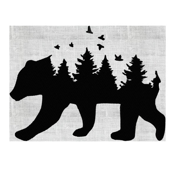 Bear Forrest Silhouette w Birds & fir trees - Embroidery DESIGN FILE  - Instant download - 2 sizes - Dst Hus Jef Pes Exp Vp3 formats