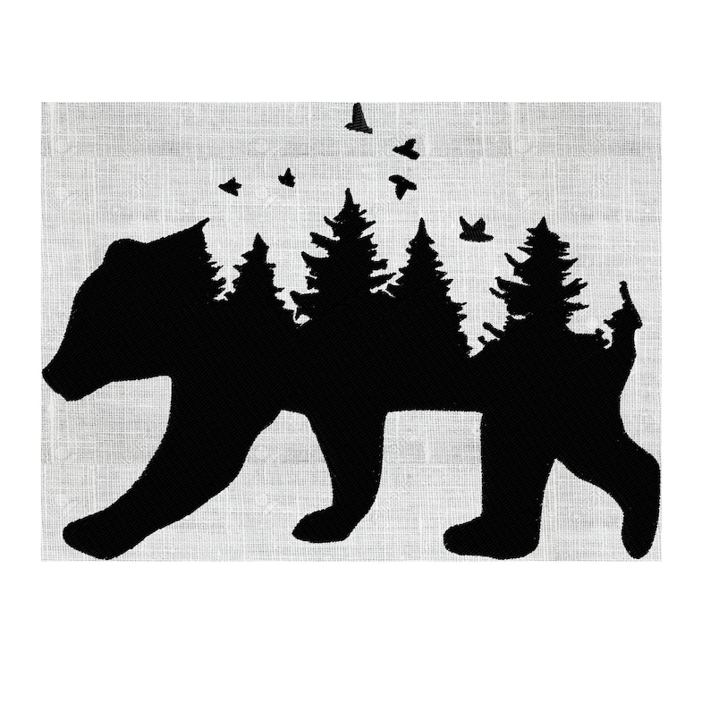 Bear Forrest Silhouette w Birds & fir trees Embroidery Etsy
