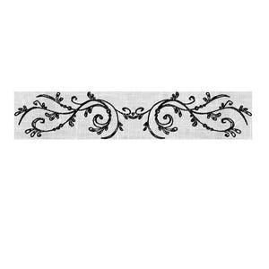 May include: A black and white decorative border with a floral design. The design features swirling vines with leaves and small dots.