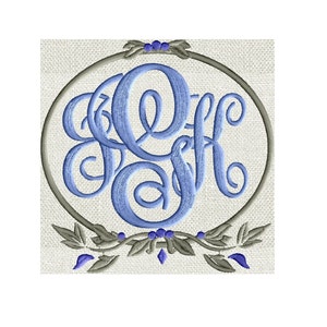 May include: A monogram with the letters J, A, and F in a blue script font inside a gray oval frame with a gray leafy wreath and blue berries.