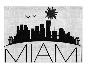 May include: Black and white silhouette of the Miami skyline with palm trees and the word "MIAMI" underneath.
