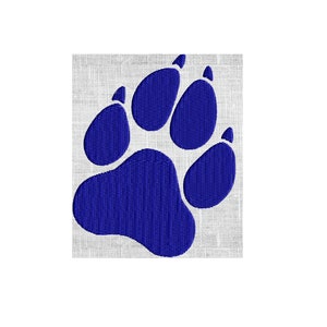 May include: A blue paw print with four toes and a large pad. The paw print is on a white background.