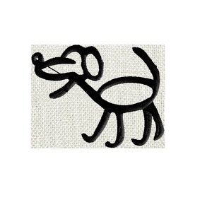 May include: A simple black line drawing of a dog on a white background.