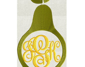 May include: A green pear-shaped embroidery design with a gold monogram in the center. The monogram is a stylized "JSK".