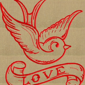 May include: Red embroidered design of a stylized bird with a banner that reads "LOVE" on a beige linen background.