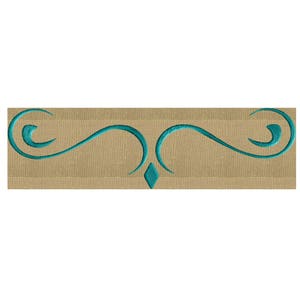 May include: A teal blue decorative border design with a diamond shape in the center. The design is on a beige background.