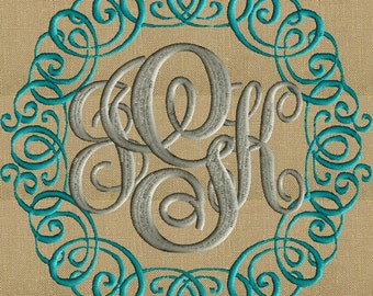 May include: A monogram with the letters "J.A.R." in a silver gray color, surrounded by a teal blue decorative scrollwork frame.