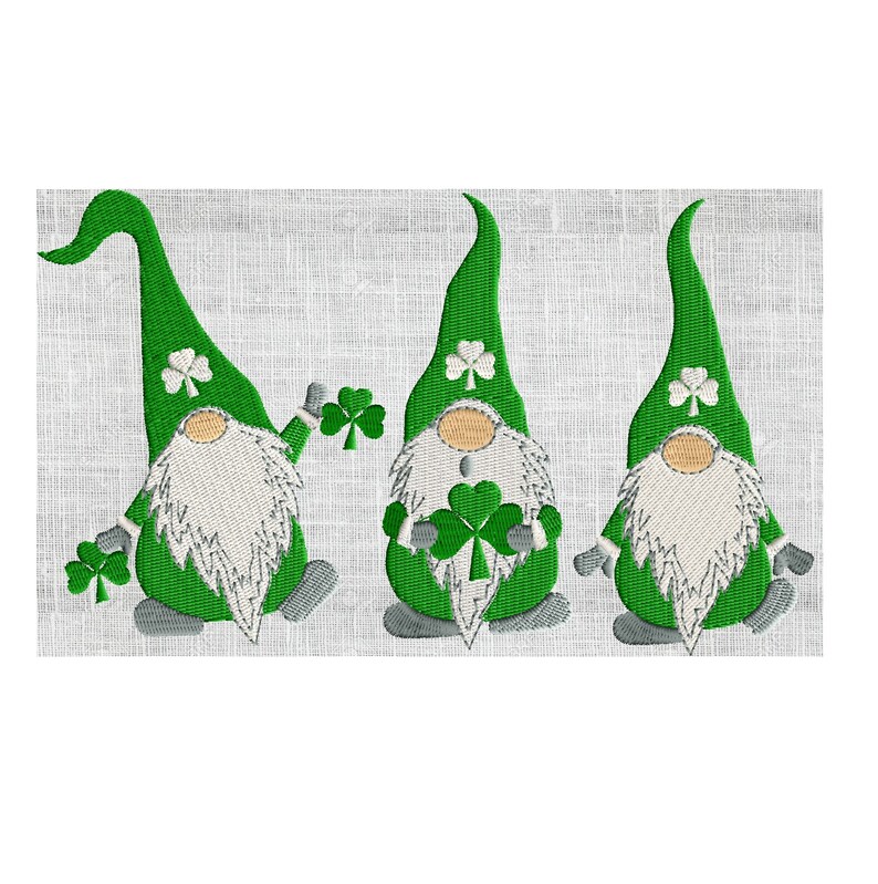 3 St Patrick's Day Gnomes w Shamrocks retro EMBROIDERY DESIGN FILE Instant download Hus Exp Jef Vp3 Pes Dst 2 sizes 7 color Leprachan image 1