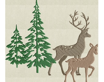 Buck and Doe Deer w fir trees - Embroidery Design Embroidery DESIGN FILE  - Instant download - 2 sizes - Dst Hus Jef Pes Exp Vp3 formats