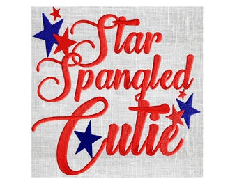 May include: Red and blue embroidered design with the text "Star Spangled Cutie" and stars.