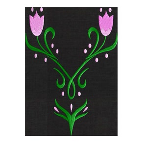 May include: Embroidered design featuring two pink tulips with green stems and leaves on a black background.