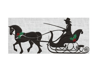 Pferd und Schlitten mit Stechpalme - Weihnachtsfeiertage - EMBROIDERY DESIGN Datei - Sofortiger Download Exp Jef Vp3 Pes Dst Hus Formate - 2 Größen 3 Farben