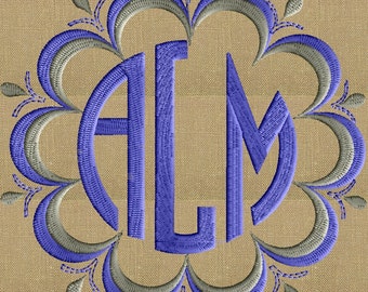 May include: A monogram with the letters "ALM" in a blue font, surrounded by a decorative gray and blue floral design.