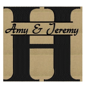 May include: A black embroidered letter H with a horizontal line across the middle. The text "Amy & Jeremy" is written in black cursive script above the line.