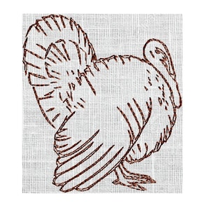 May include: A brown embroidered turkey design on a white linen background.