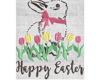 Happy Easter w Bunny and tulips - Embroidery Design Embroidery DESIGN FILE  Instant download 2 sizes and 4 colors - Hus Dst Jef Pes Exp Vp3