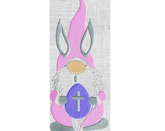 May include: A pink Easter gnome holding a purple egg with a white cross on it. The gnome has a white beard and a tan nose.