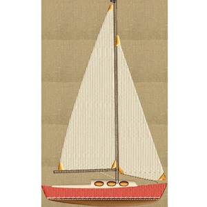 Könnte beinhalten: Ein rotes und weißes Segelboot mit einem braunen Rumpf und einem weißen Segel. Das Segel hat einen goldenen Besatz und der Rumpf hat einen goldenen Streifen.
