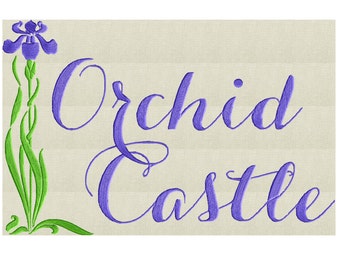 May include: Embroidered design of a purple orchid with green leaves and the text "Orchid Castle" in purple cursive font.