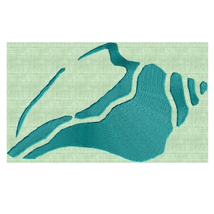 May include: Teal embroidered seashell design on a light green textured background. The seashell is a detailed, abstract representation with a textured appearance. The design is centered on the rectangular background, creating a coastal or nautical theme.