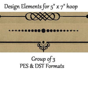 Könnte beinhalten: Schwarze Designelemente für einen 12,7 cm x 17,8 cm großen Stickrahmen. Das Bild zeigt drei verschiedene dekorative Designs: einen Pfeil, einen geometrischen Knoten und eine Reihe verbundener Kreise. Der Text lautet "Design Elements for 5" x 7" hoop" und "Group of 3 PES & DST Formats."