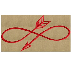 May include: Red embroidered arrow piercing an infinity symbol on a tan fabric background. The arrow has a pointed tip and fletching. The infinity symbol is a continuous loop. The design is likely for embroidery or a similar craft project.
