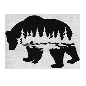 Bear Stream Forrest Silhouette w Birds & fir trees - Embroidery DESIGN FILE  - Instant download - 2 sizes - Dst Hus Jef Pes Exp Vp3 formats