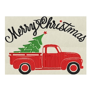Retro Pickup truck with Christmas Tree &quot;Merry Christmas&quot; - EMBROIDERY DESIGN file - Instant download - Hus Exp Jef Vp3 Pes Dst - 2 sizes